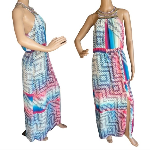 Charlie Jade Ava Embellished Georgette Maxi Sleeveless Slit Size M Dress‎ - Picture 2 of 12